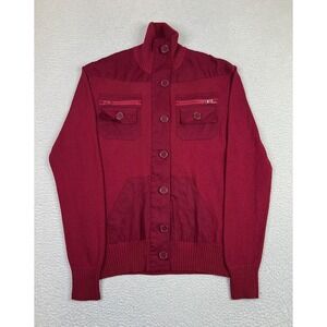 Guess Sweater Mens Large Deep Cranberry Red Full Button Mock Neck Utility Cotton